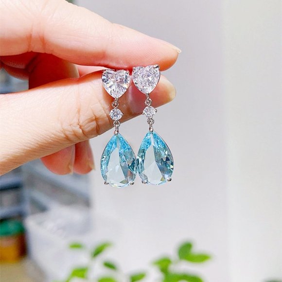 "Sea Blue Color Crystal Party Jewelry Waterdrop CZ Earring for Women, HA4530 - Picture 4 of 4